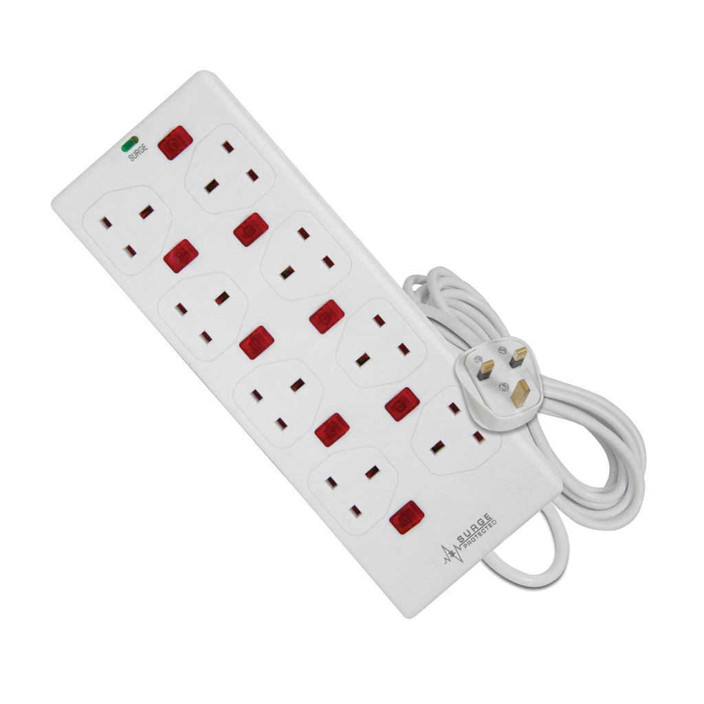 Mercury 8 Gang UK Mains Extension Lead, Switched, Surge Protection, 2 Metre, White