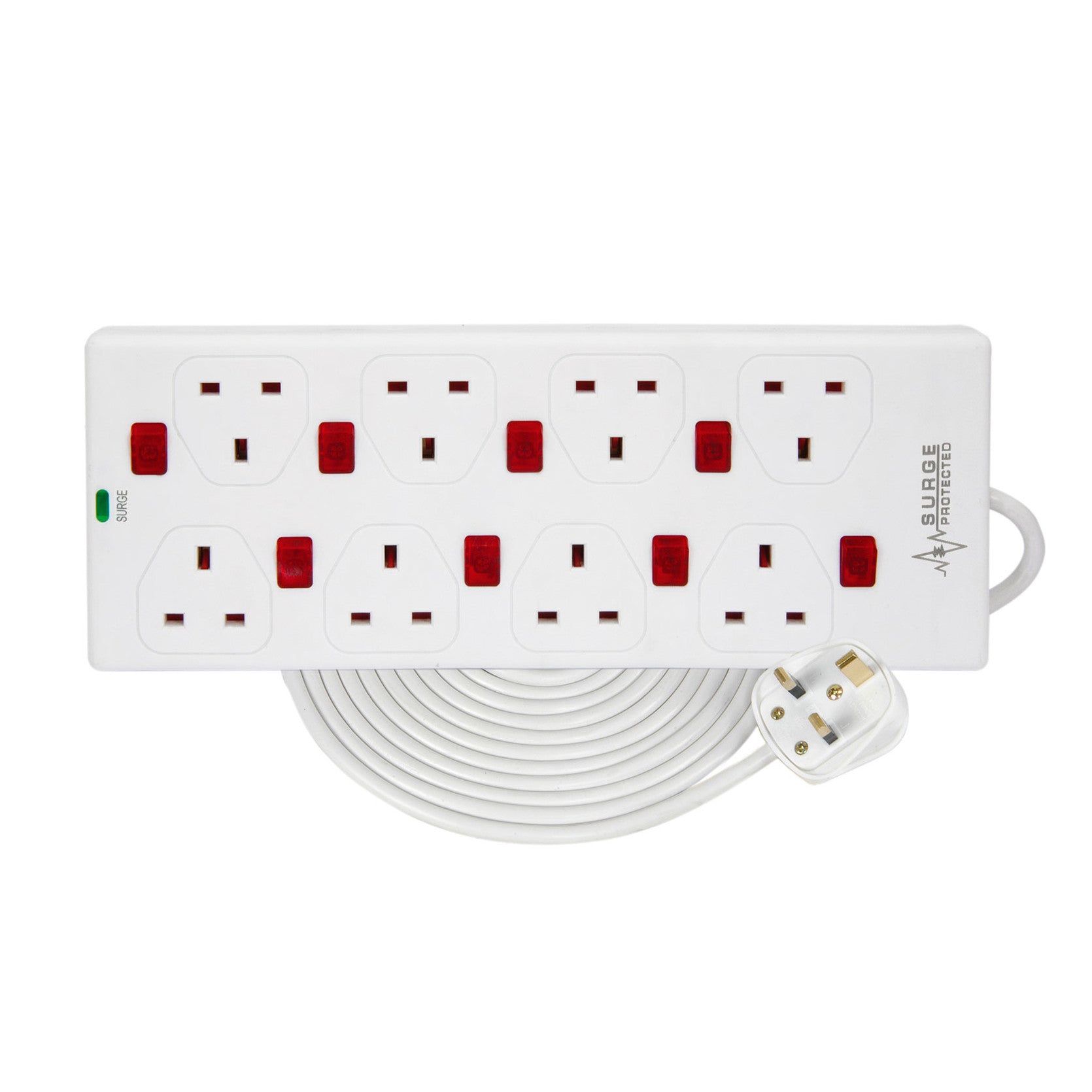 Mercury 8 Gang UK Mains Extension Lead, Switched, Surge Protection, 2 Metre, White